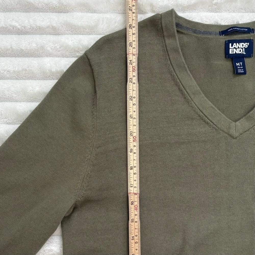 LANDS’ END Supima Cotton V Neck Sweater Olive Green Medium Tall Mens